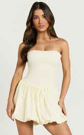 Harley Mini Dress - Strapless Drop Waist Bubble Hem Contrast Dress in Cream